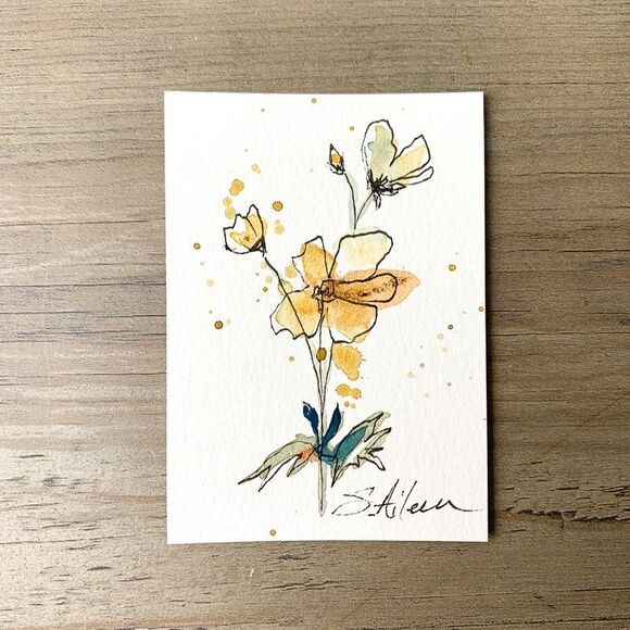 ACEO Painting Watercolor Ink Yellow Flower Green Botanical Minimalist III Signed - Picture 2 of 2